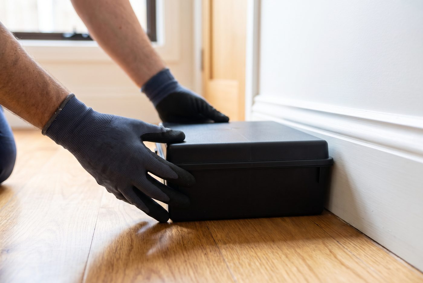 Tamper resistant rodent bait station placed against a skirting board in a Melbourne home