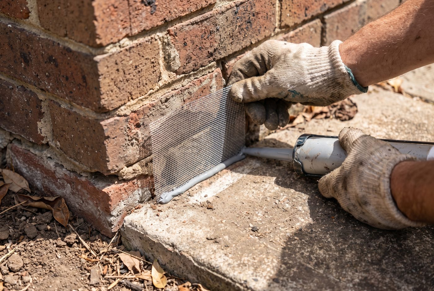 Steel mesh being fixed over a rodent entry point in the brick wall of a Melbourne home
