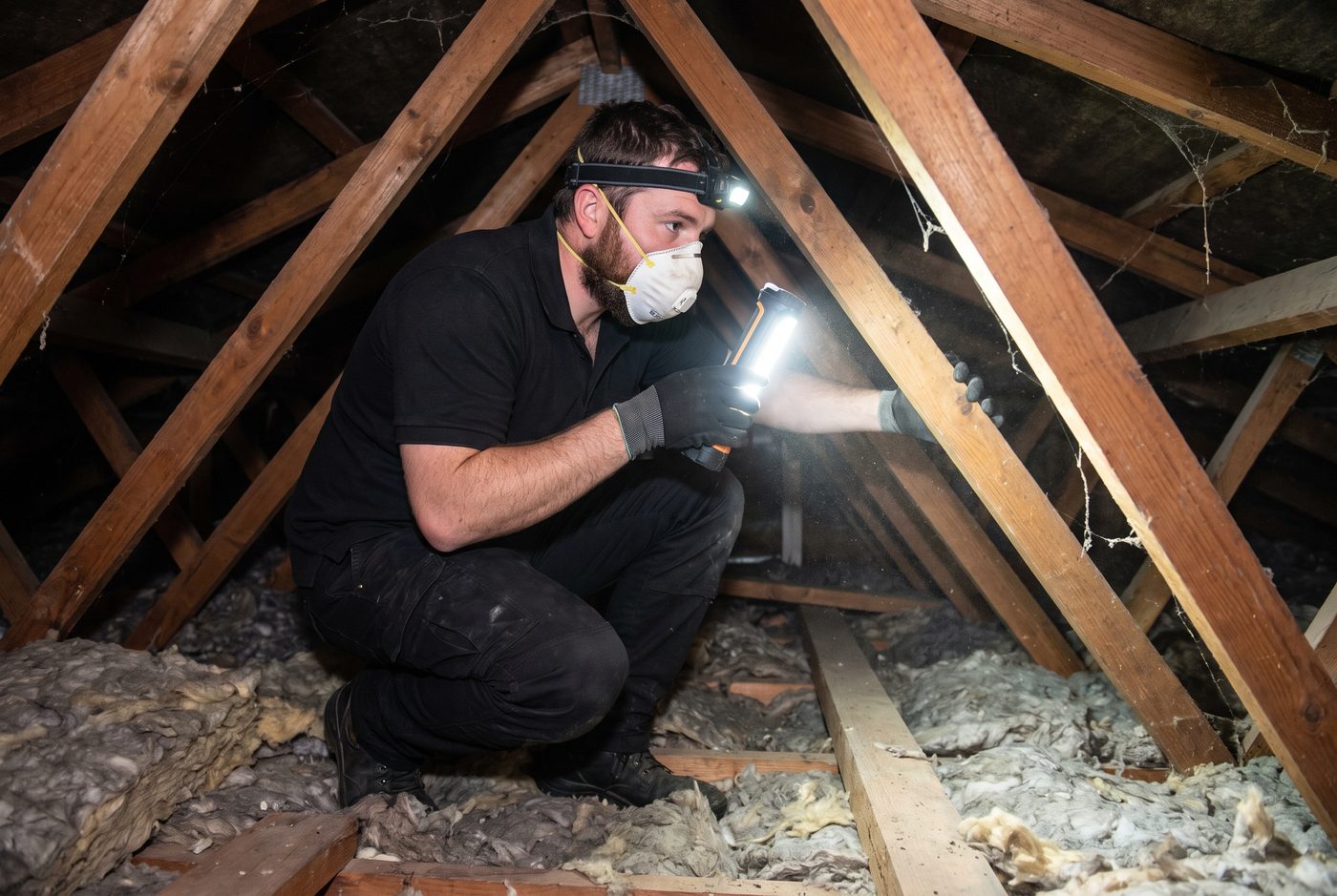 Licensed technician inspecting a Melbourne roof void for rodent activity with a torch